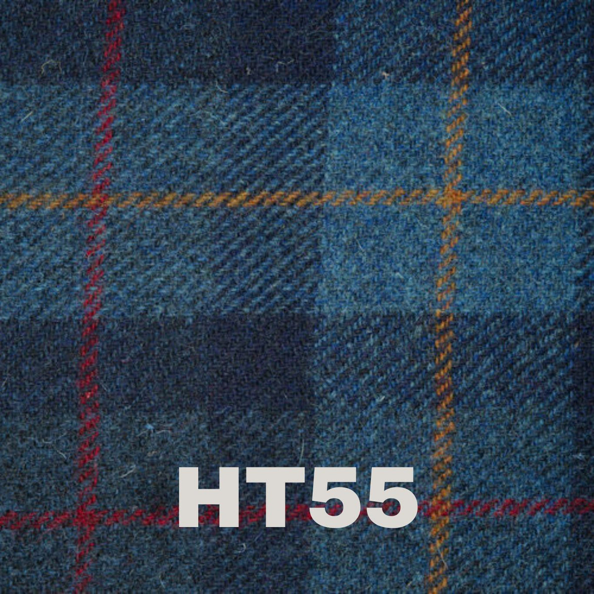 Denim blue plaid tweed with red and yellow stripes