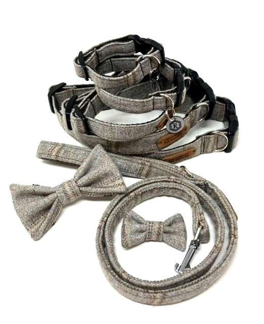 Dog collar, leash, and bow tie set on a white background