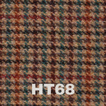 sample of traditional harris tweed with green, orange red and brown stripes
