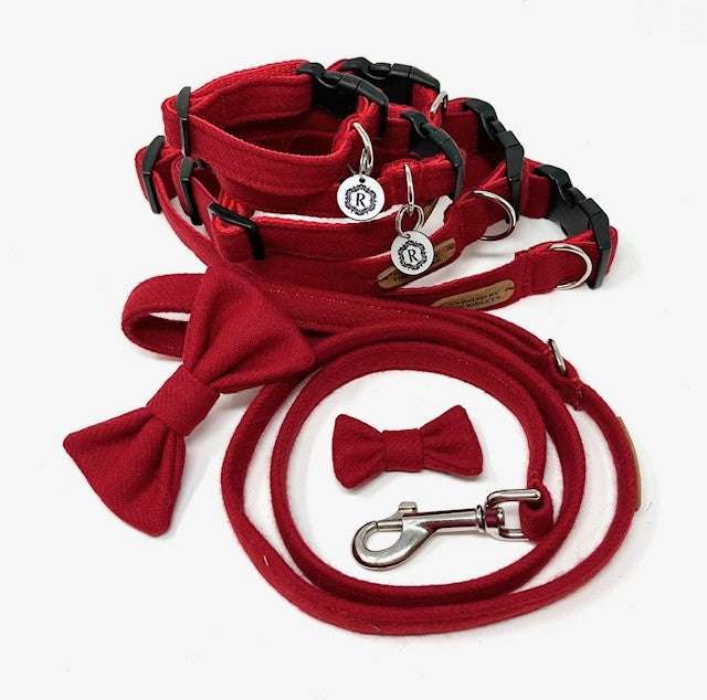 Red dog collar, leash, and bow tie set on a white background