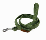 Green dog leash with a metal clip on a white background