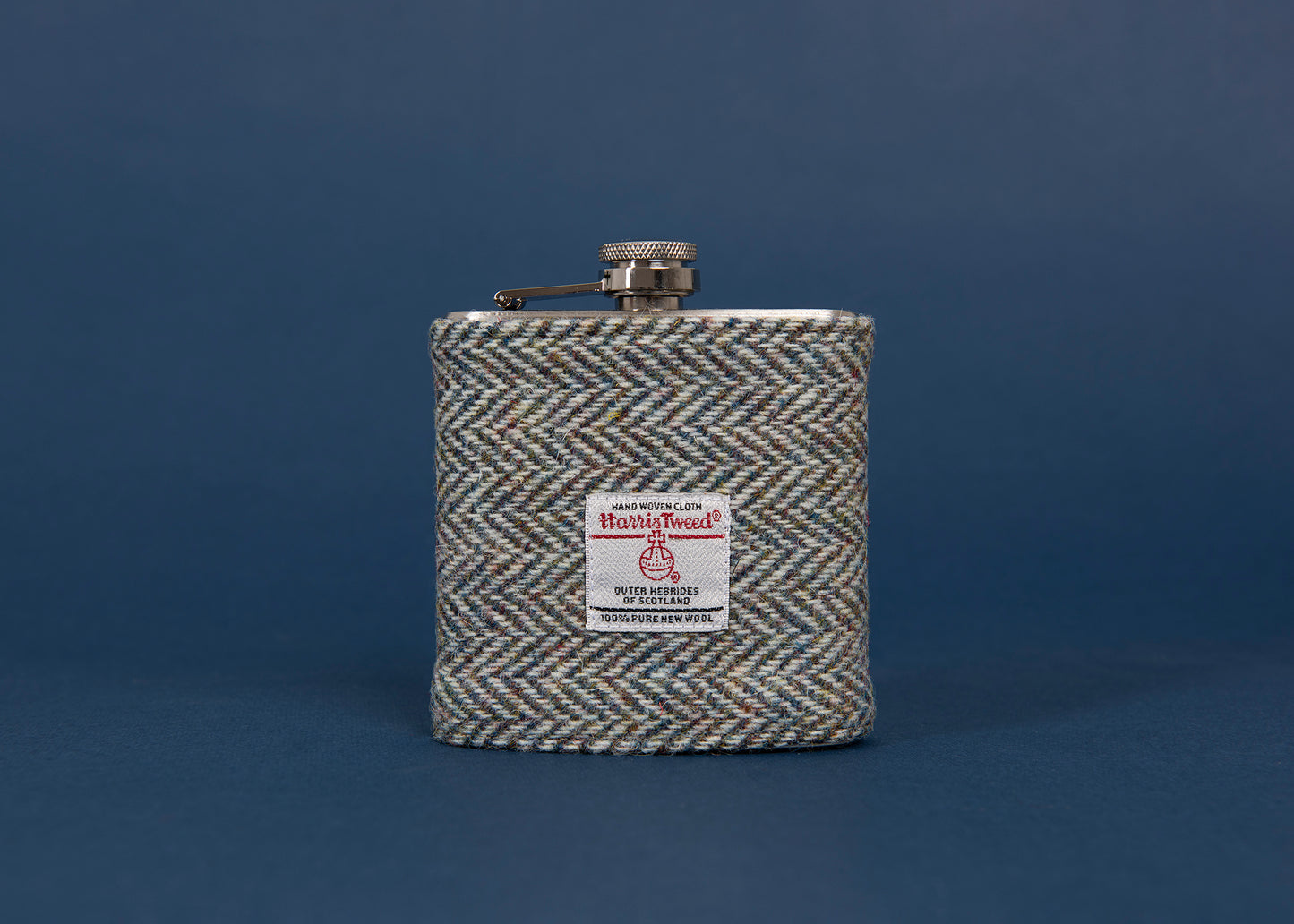 Stainless Steel Hip Flask with Harris Tweed Sleeve Grey Herringbone