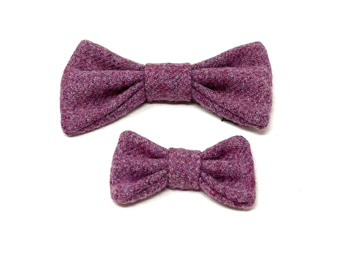 2 purple tweed dog bow ties on white background