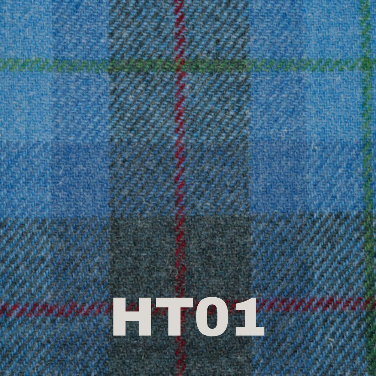 blue tartan design harris tweed with a red and green line running through it