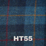 Denim blue plaid tweed with red and yellow stripes