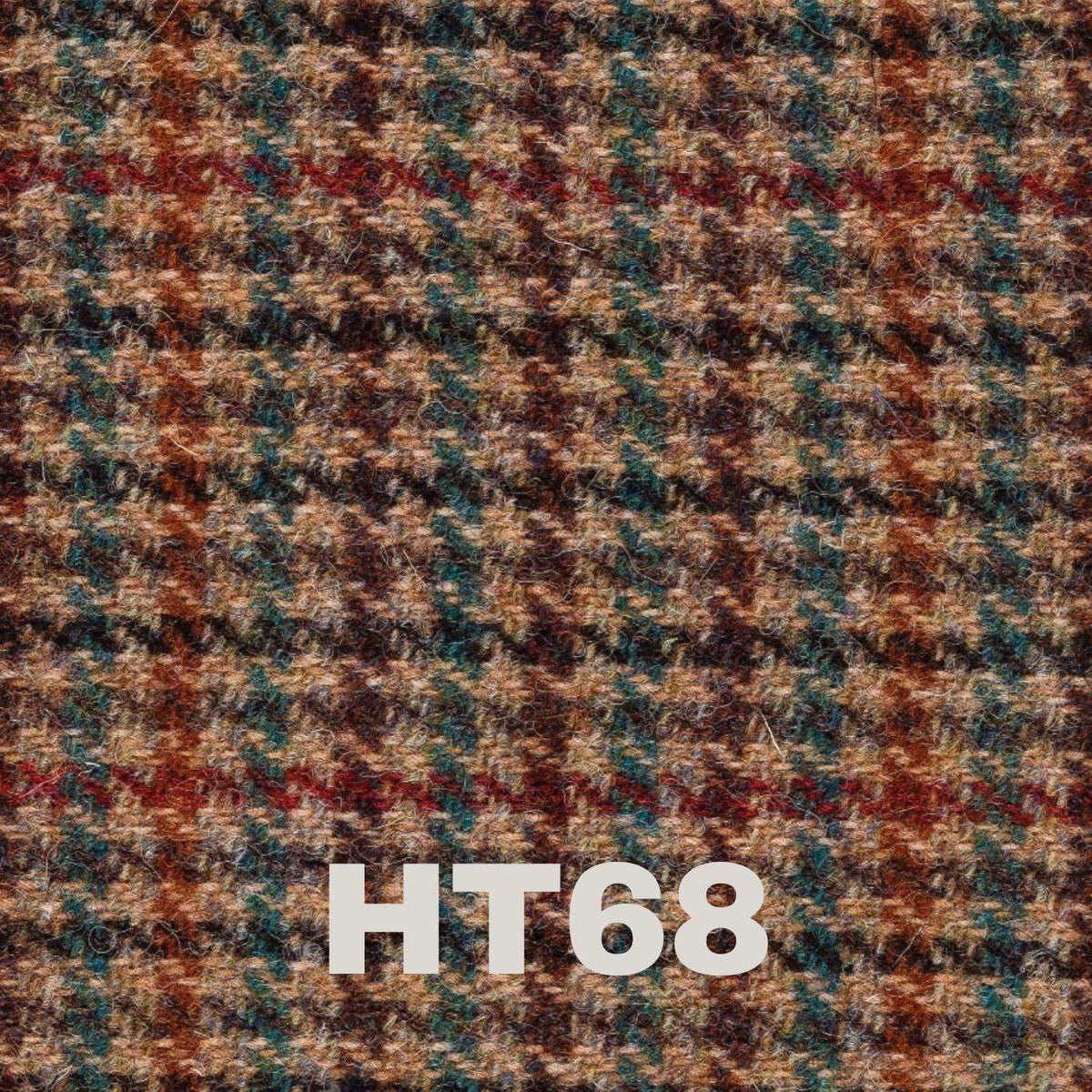 sample of traditional harris tweed with green, orange red and brown stripes