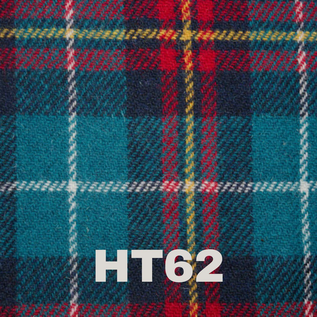 A harris tweed swatch featuring teal, red, yellow and white lines in a tartan pattern