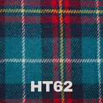 A harris tweed swatch featuring teal, red, yellow and white lines in a tartan pattern