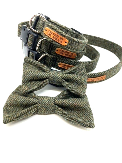 Tweed Dog Bow Tie - Moss Green Herringbone