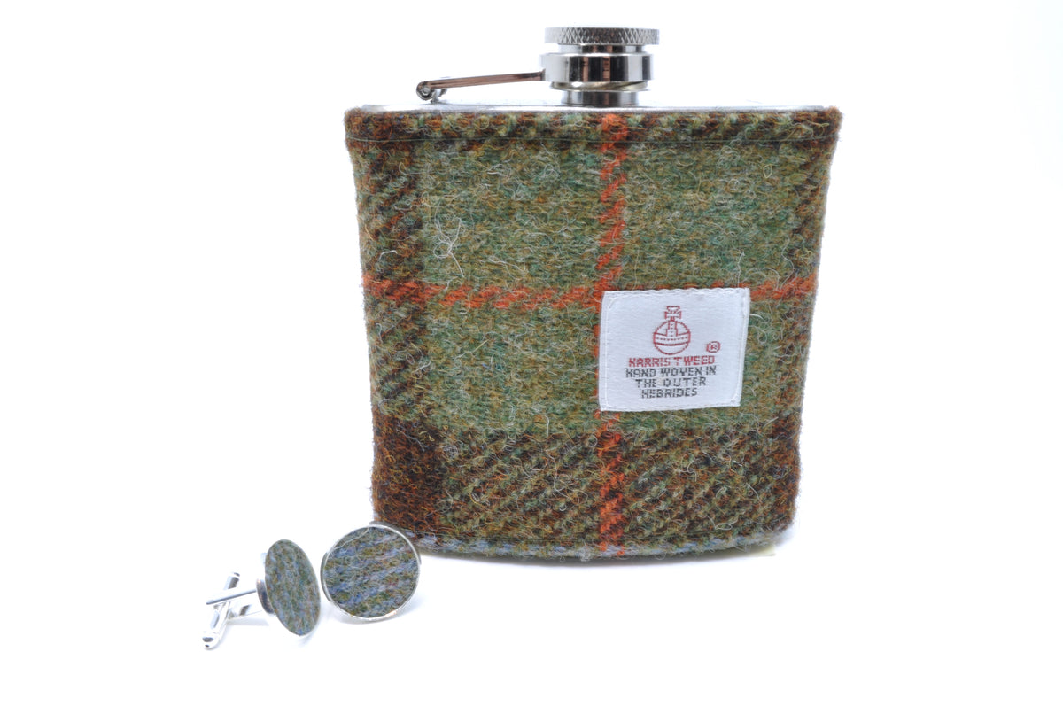 Harris Tweed Cufflink and Hip Flask Gift Set