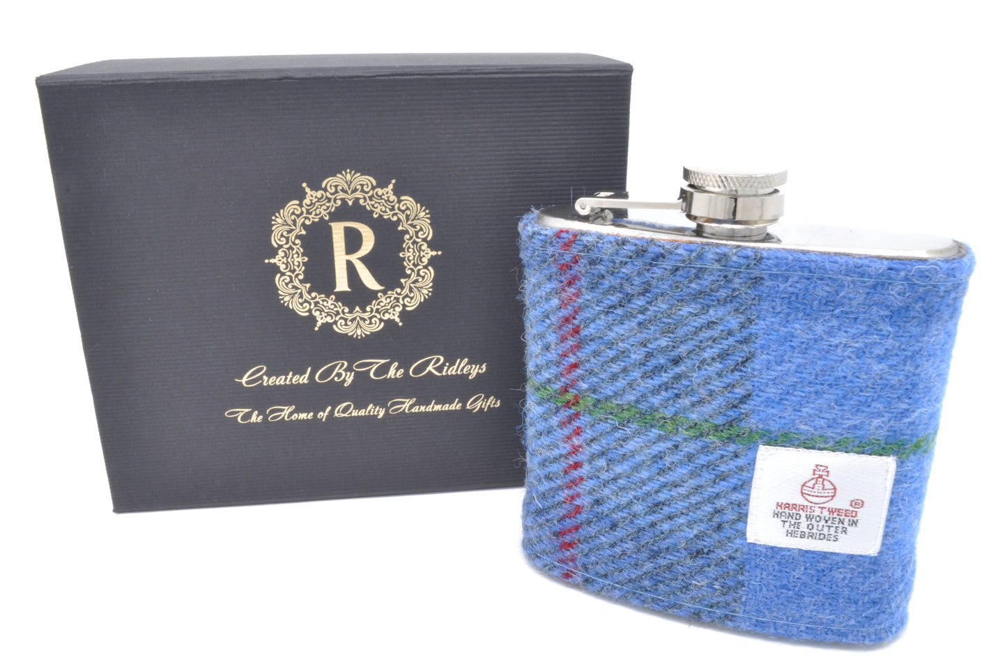 6oz Stainless Steel Hip Flask wrapped in Blue Tartan Harris Tweed Sleeve