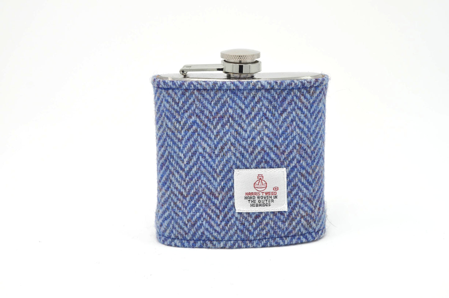 Harris Tweed Hip Flask herringbone blue and white HT05 on its own 