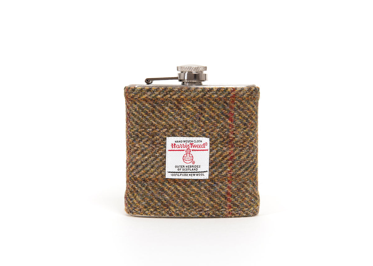 Harris Tweed Hip Flask Olive Hunting Herringbone Tweed