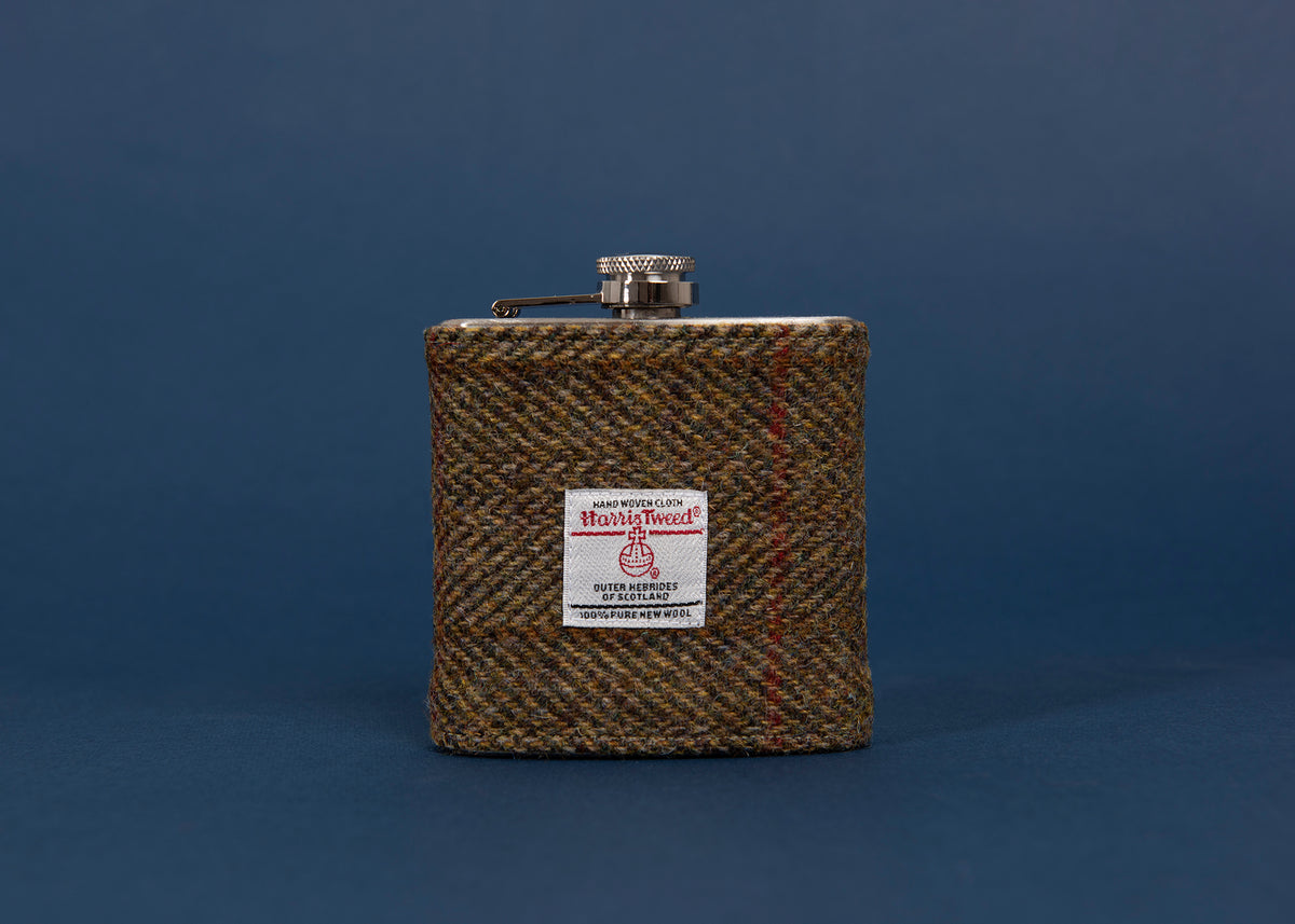 Harris Tweed Hip Flask Olive Hunting Herringbone Tweed