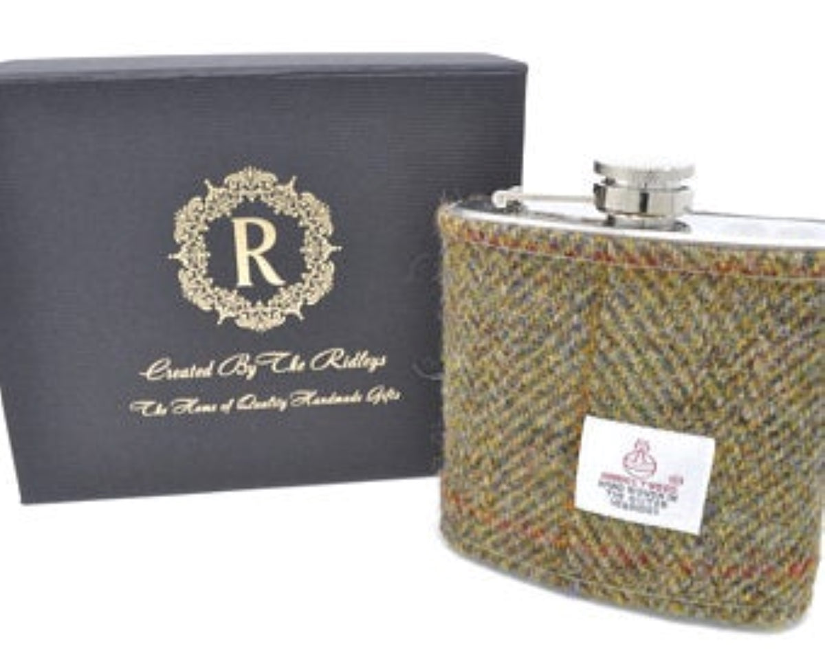 Harris Tweed Hip Flask Olive Hunting Herringbone Tweed