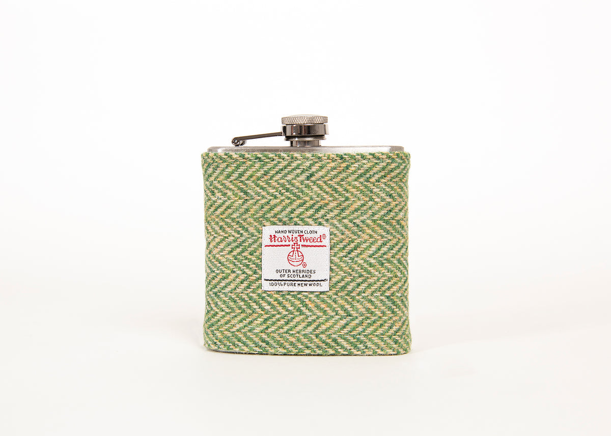 Harris Tweed Hip Flask - Green Herringbone