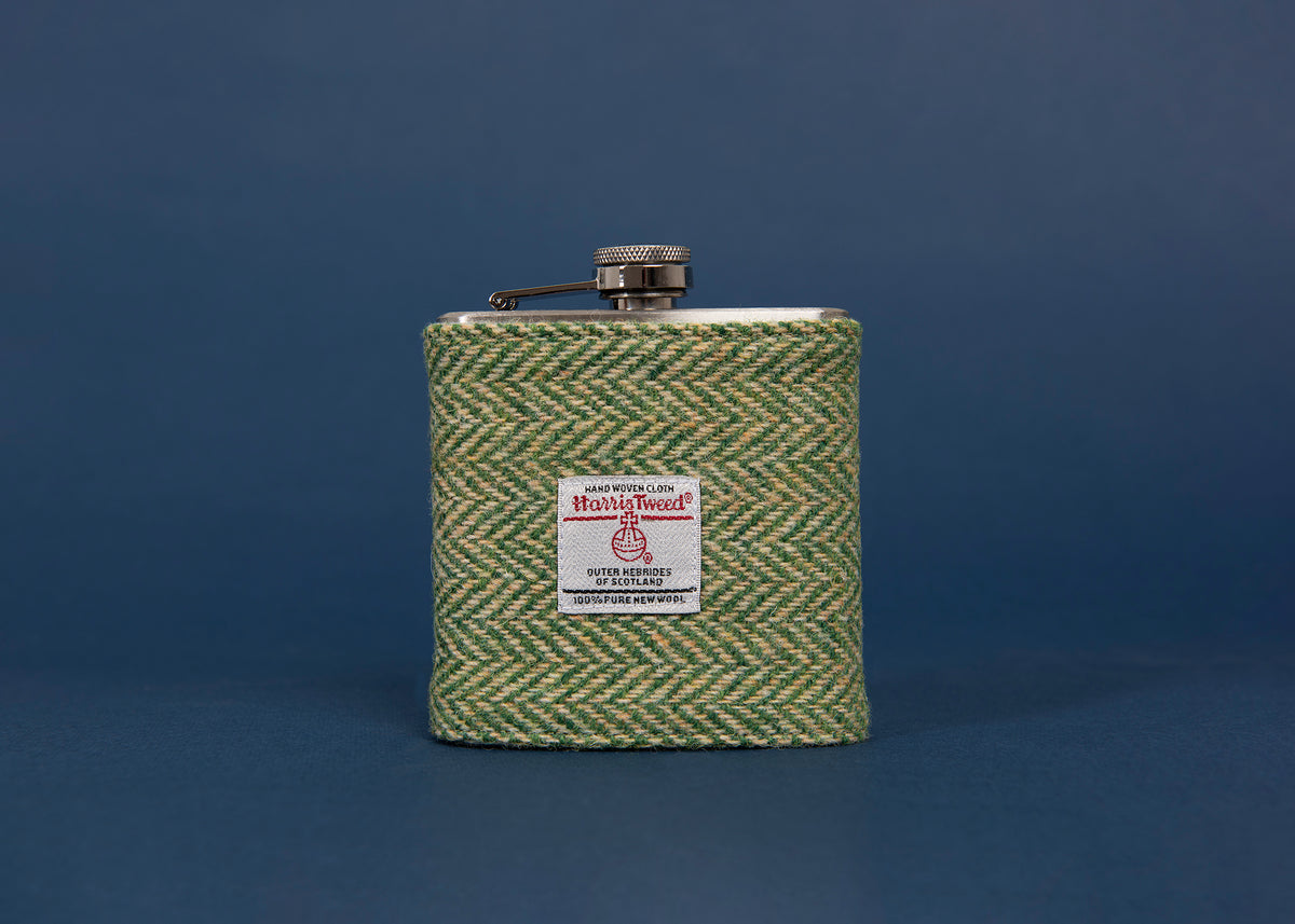 Harris Tweed Hip Flask - Green Herringbone