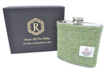 6oz Stainless Steel Hip Flask wrapped in a Green Herringbone Tartan Harris Tweed Sleeve