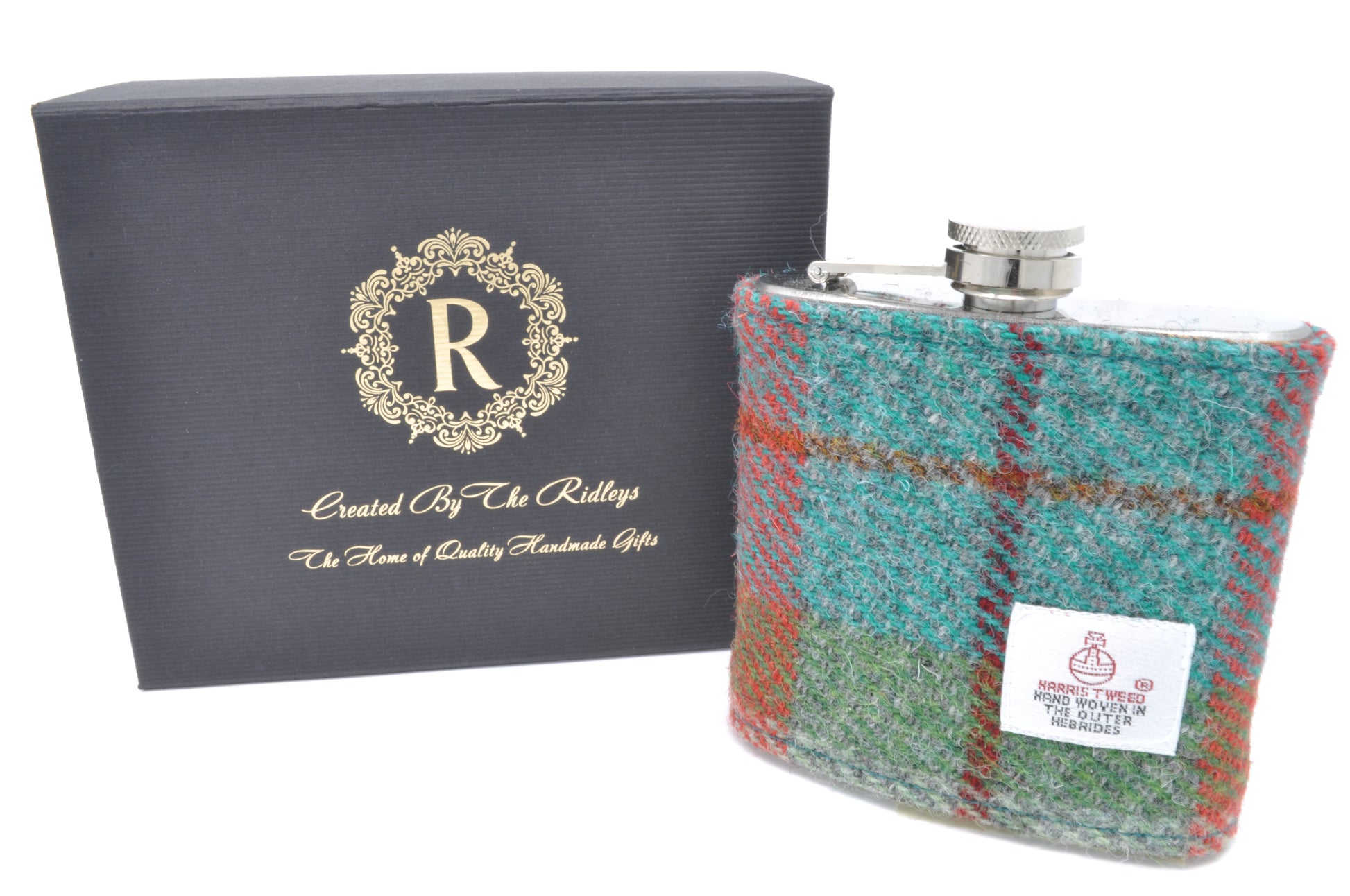 6oz Stainless Steel Hip Flask wrapped in Green and Orange Tartan Harris Tweed Sleeve