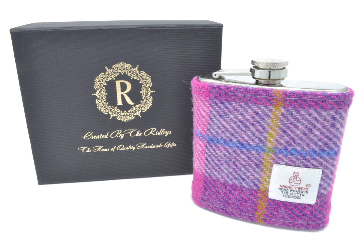 6oz Stainless Steel Hip Flask wrapped in Pink and Purple Tartan Harris Tweed Sleeve