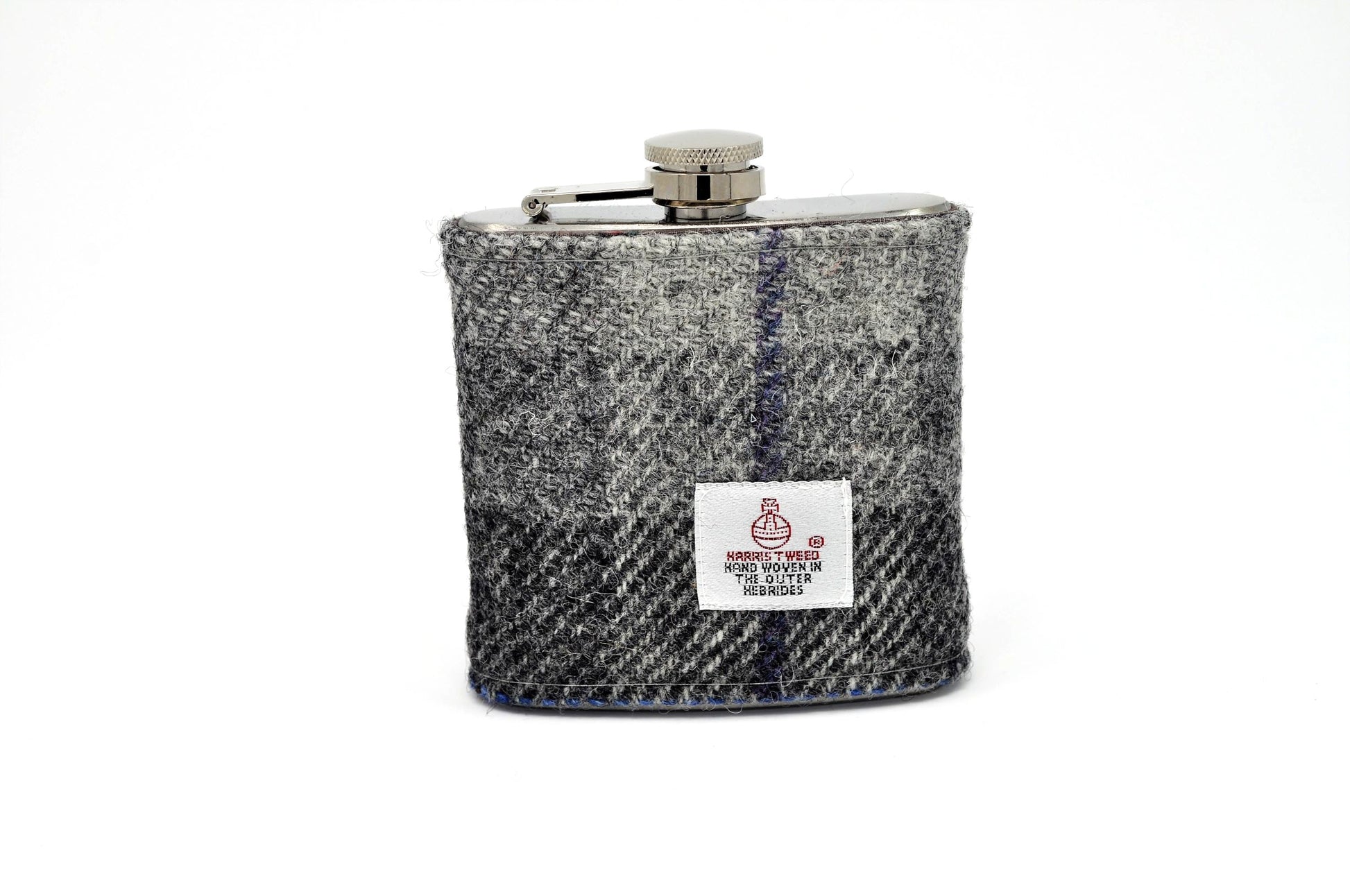 Harris Tweed Hip Flask grey monochrome with blue strips HT26 on its own