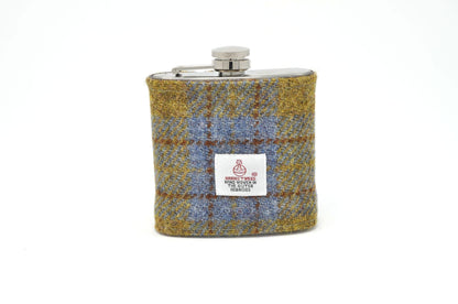 Harris Tweed Hip Flask - Mustard and Blue Pattern