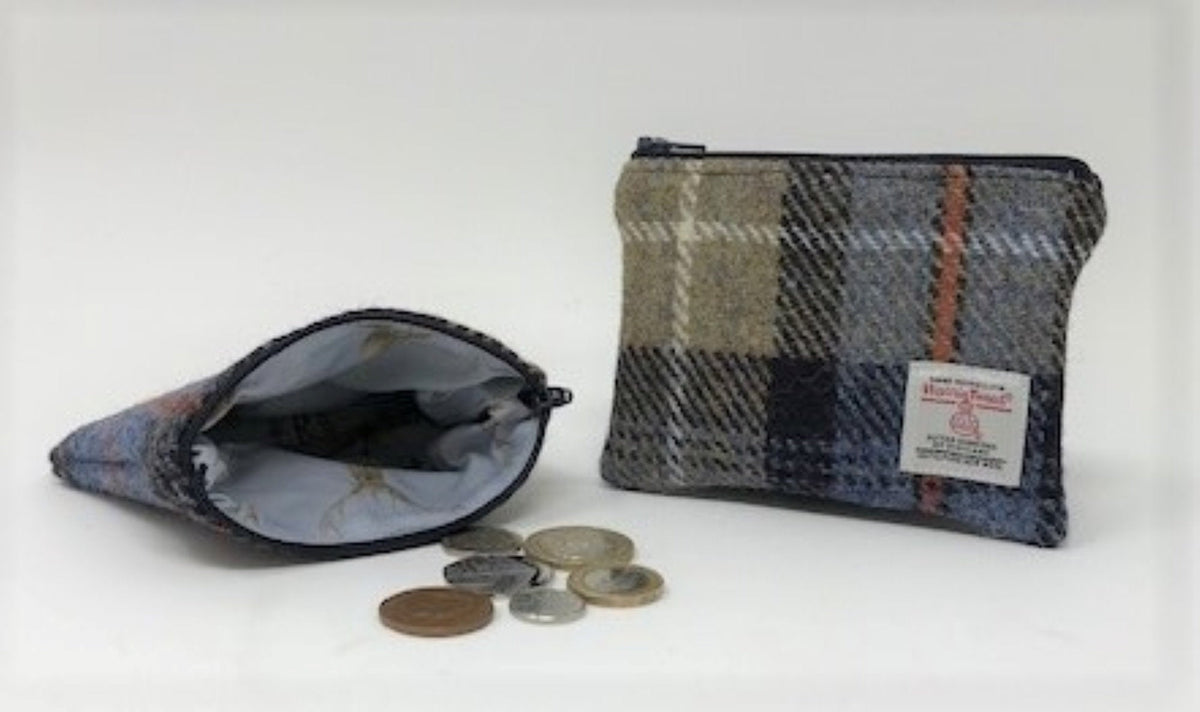 Harris Tweed coin purse MacKenzie Tartan Blue, Dark Grey